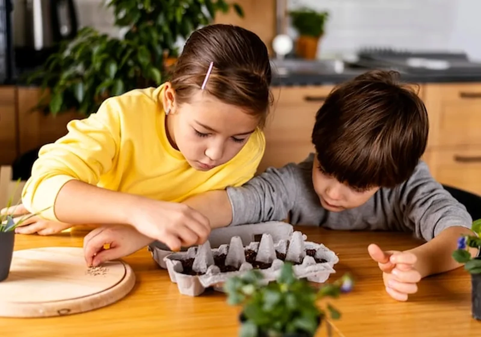 A girl and a boy dropping tiny seeds into an egg carton at a kitchen table